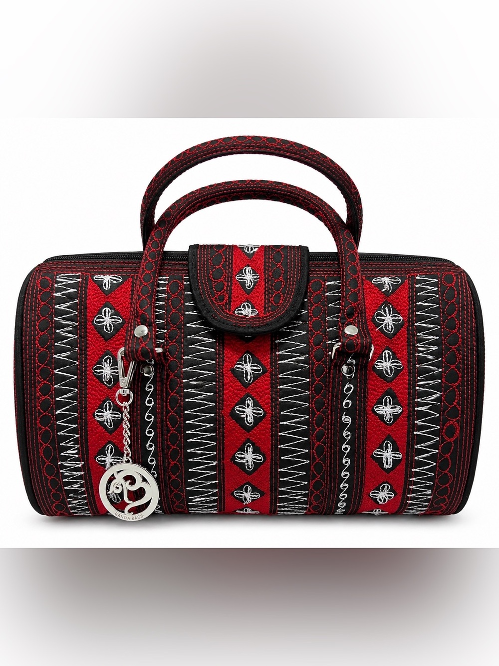 Banda Bags Nano Banda Bag Red Black Embroidered Artisan Barrel Satchel Purse NWT